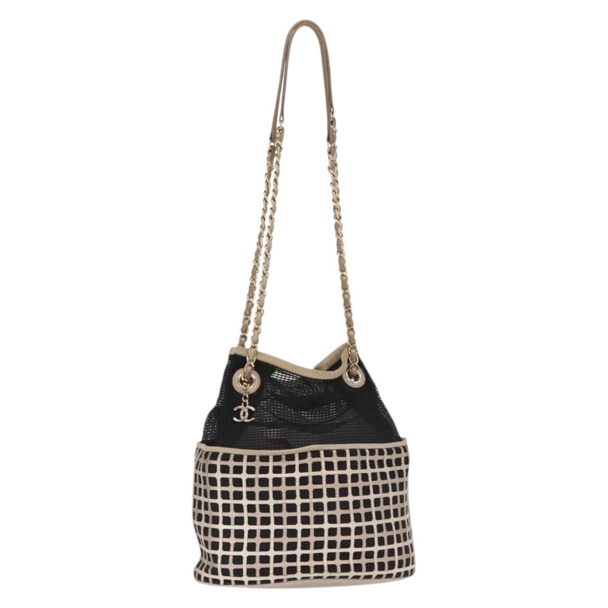 CHANEL Chain Shoulder Bag Nylon Leather Black Gold CC Auth bs32086
