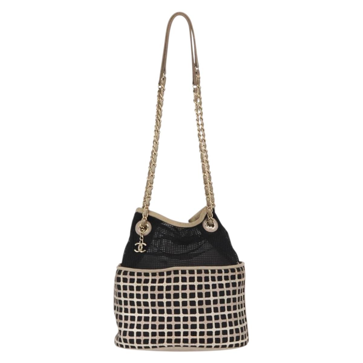 CHANEL Chain Shoulder Bag Nylon Leather Black Gold CC Auth bs32086