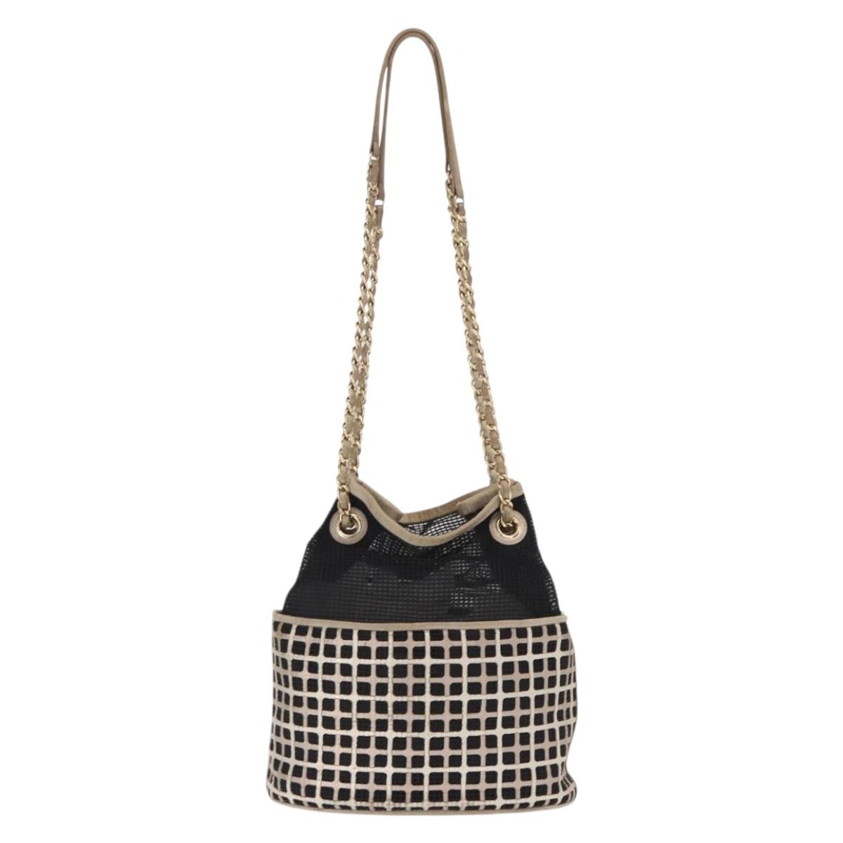 CHANEL Chain Shoulder Bag Nylon Leather Black Gold CC Auth bs32086