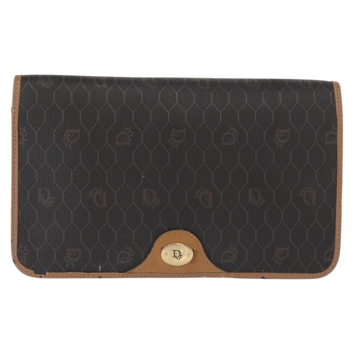 Christian Dior Honeycomb Canvas Chain Shoulder Bag PVC Black Gold Auth bs32106