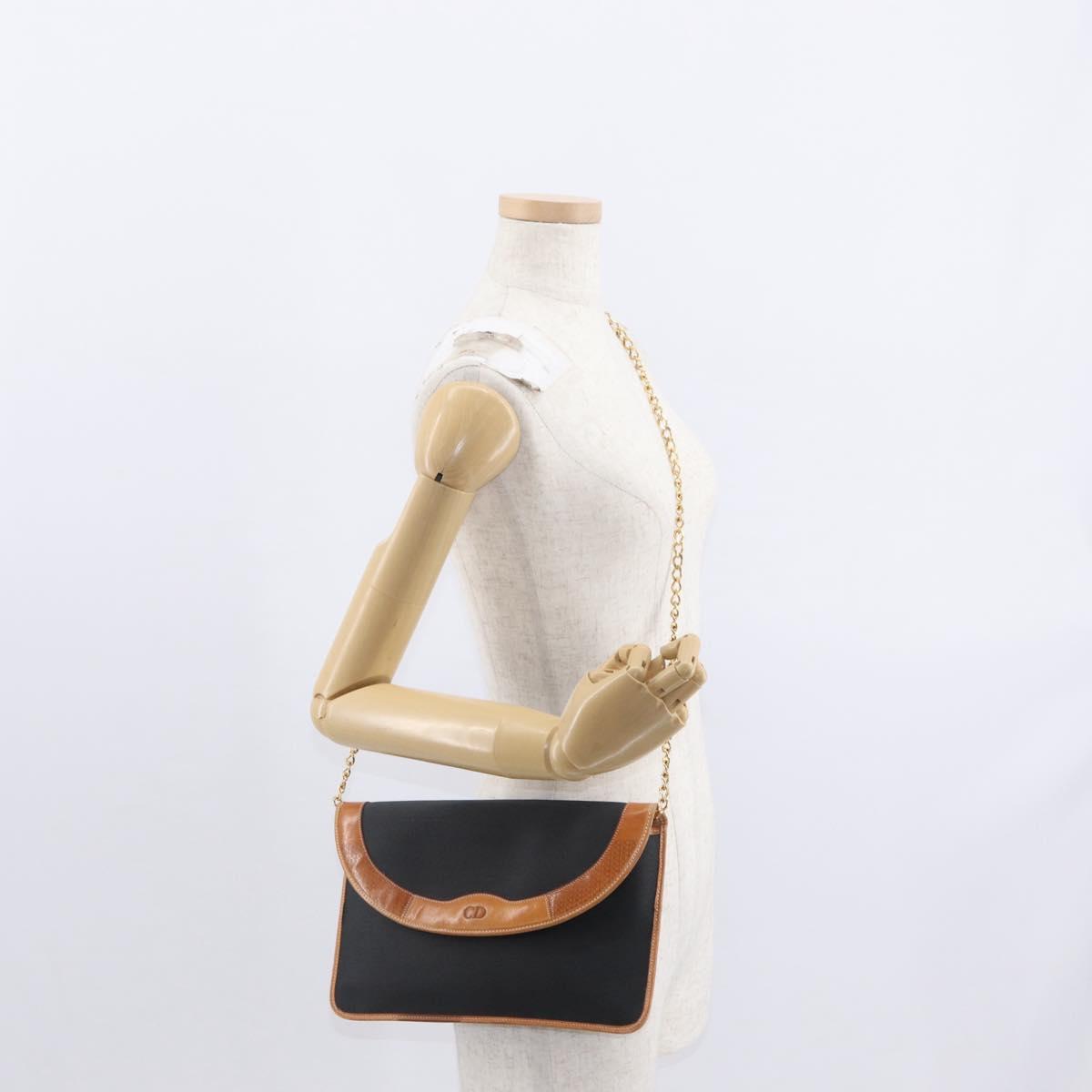 Christian Dior Chain Shoulder Bag Nylon Leather Black Gold Auth bs32108
