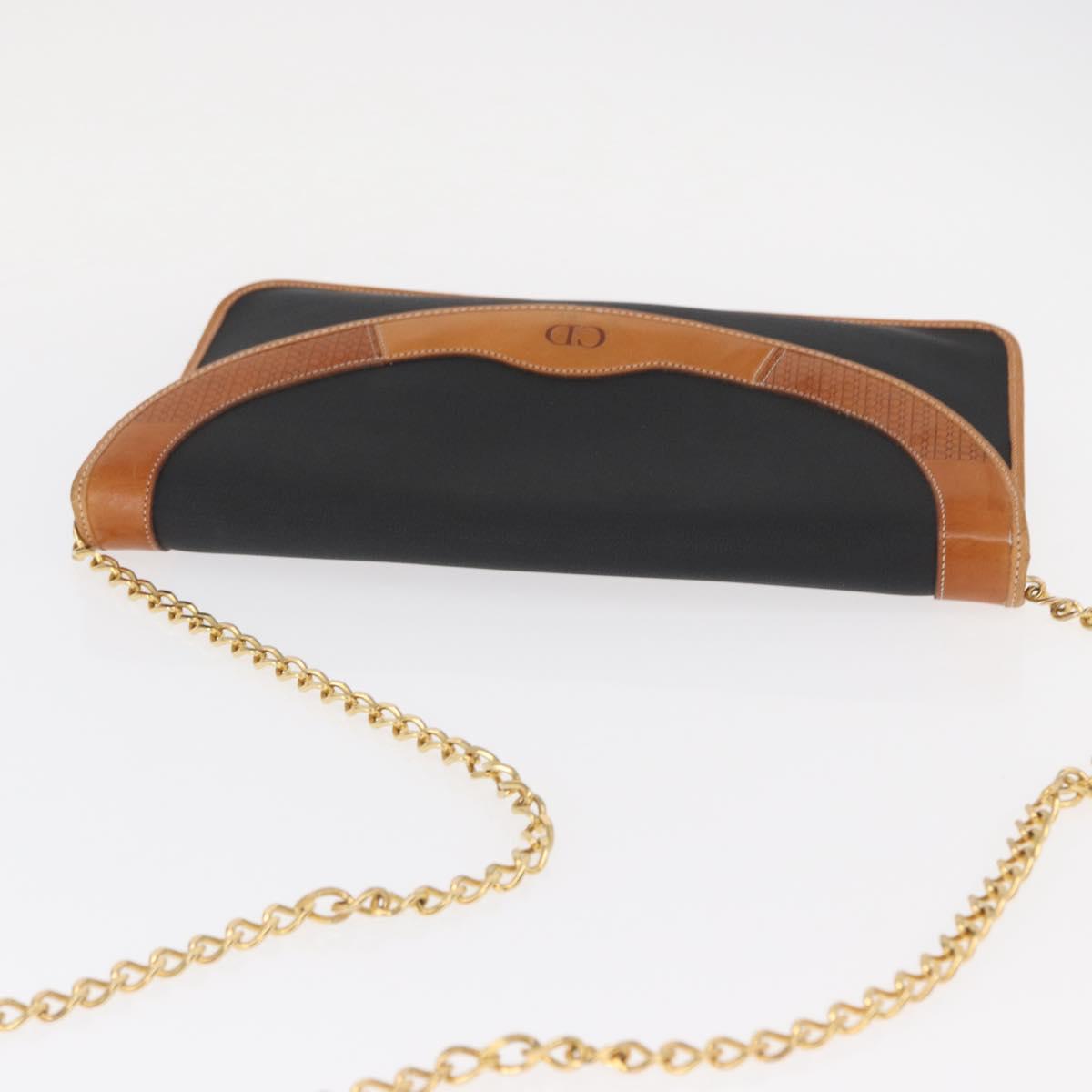 Christian Dior Chain Shoulder Bag Nylon Leather Black Gold Auth bs32108