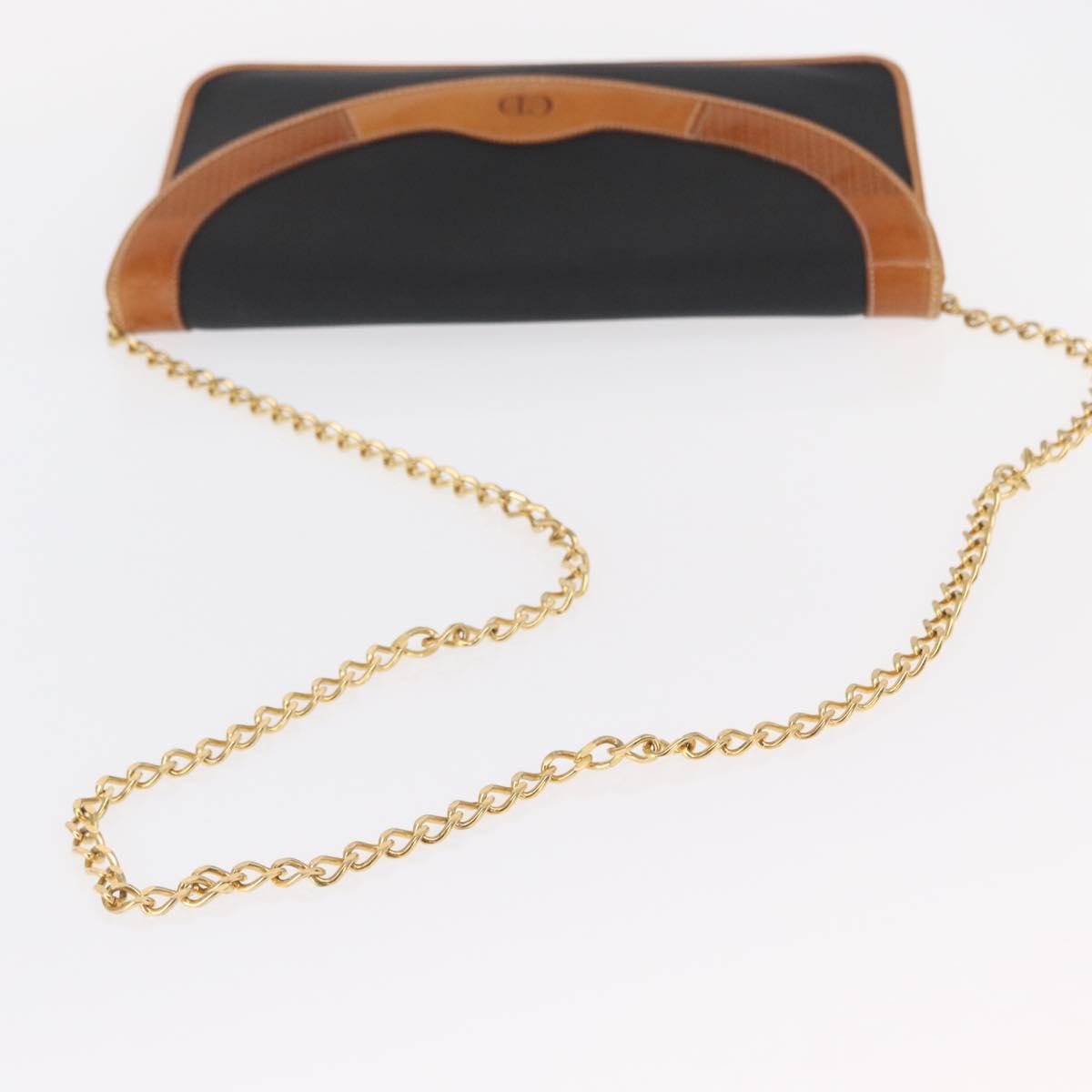 Christian Dior Chain Shoulder Bag Nylon Leather Black Gold Auth bs32108