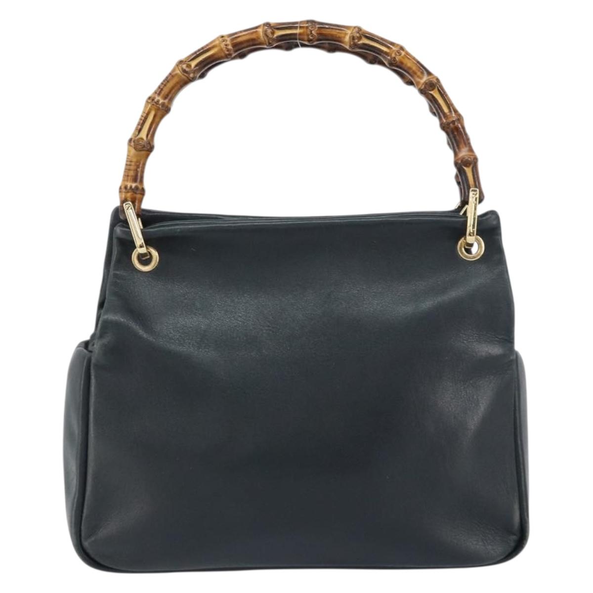 GUCCI Bamboo Hand Bag Leather Navy gold 000 3444 0575 Auth bs32136
