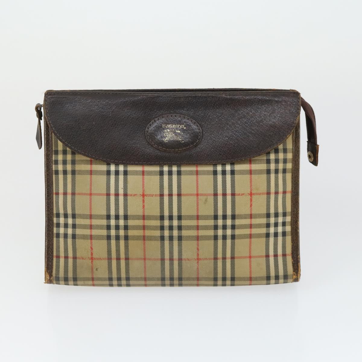 BURBERRY Clutch Bag Leather Canvas 4 Set Black Beige Auth bs32140
