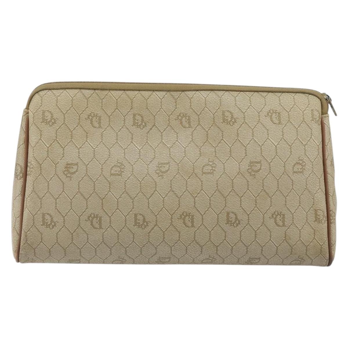 Christian Dior Honeycomb Canvas Clutch Bag PVC Beige Auth bs32152