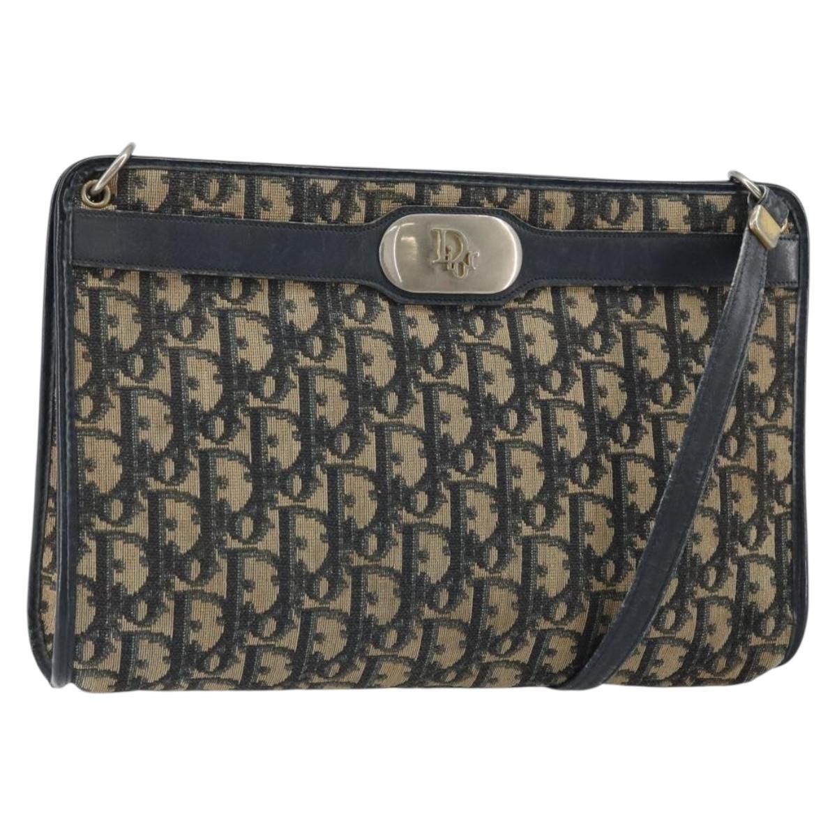 Christian Dior Trotter Canvas Shoulder Bag Navy Gold Auth bs32154