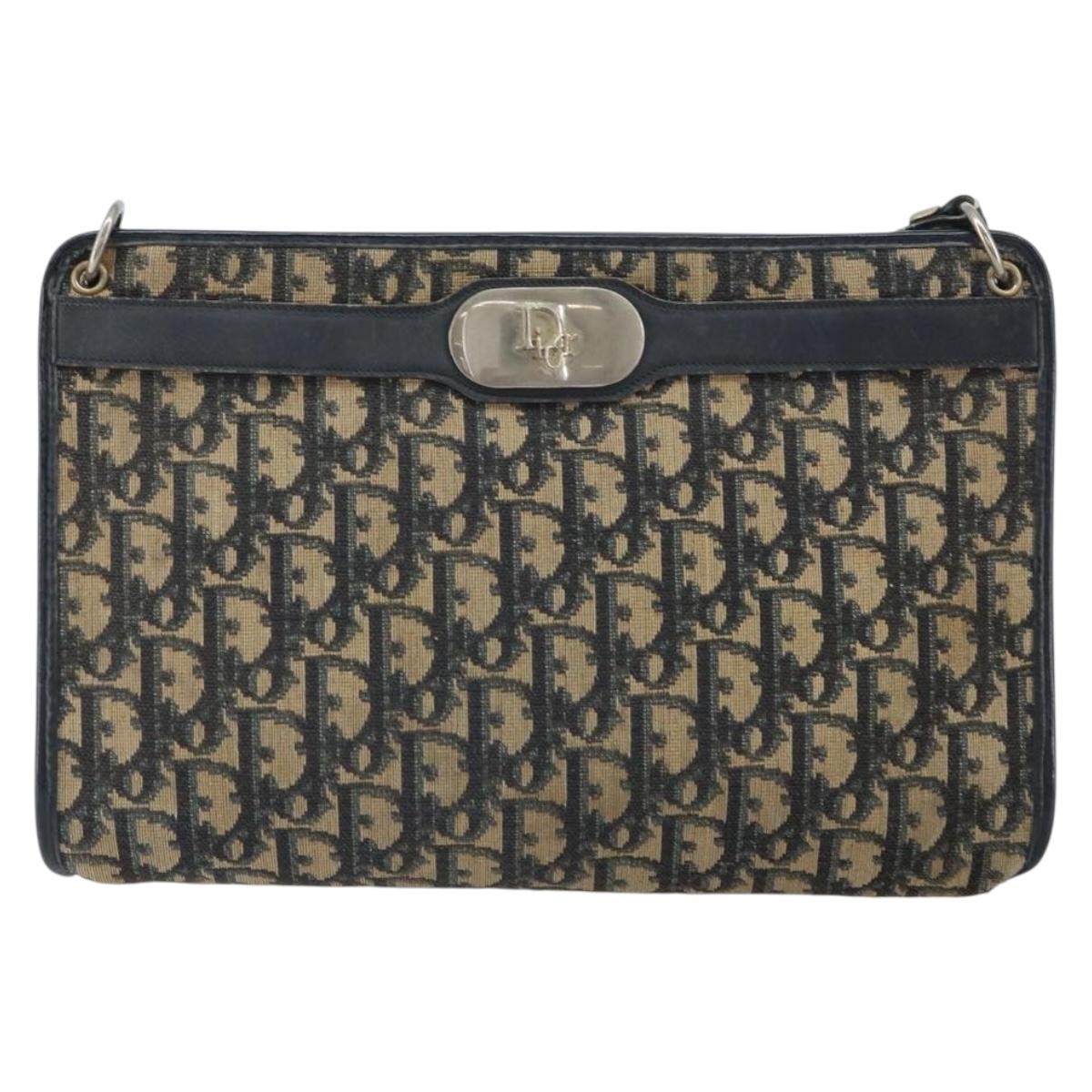 Christian Dior Trotter Canvas Shoulder Bag Navy Gold Auth bs32154