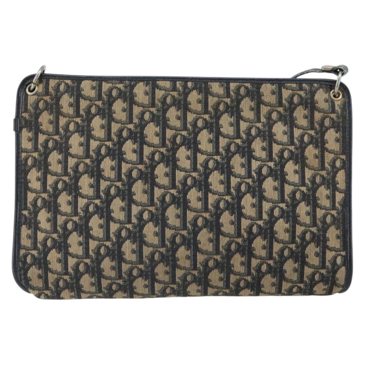 Christian Dior Trotter Canvas Shoulder Bag Navy Gold Auth bs32154