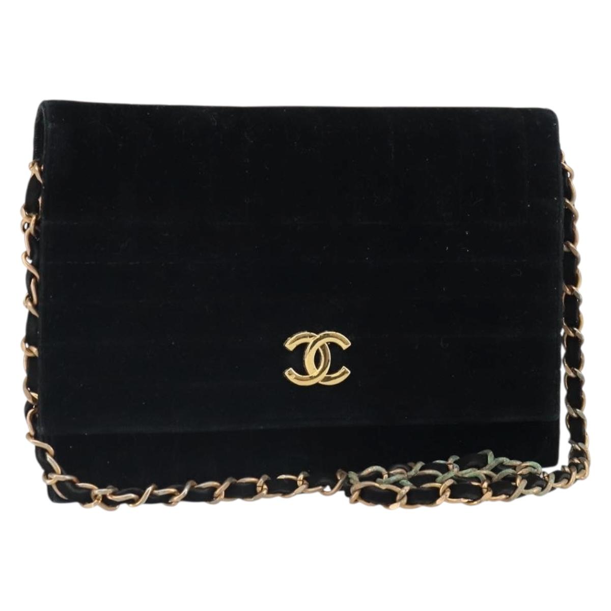 CHANEL Mademoiselle Chain Shoulder Bag Velor Black Gold CC Auth bs32175
