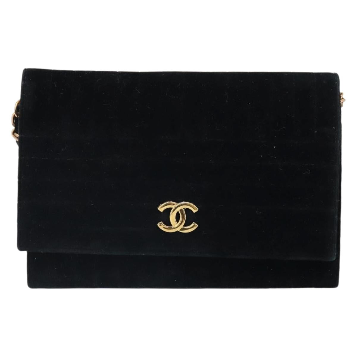 CHANEL Mademoiselle Chain Shoulder Bag Velor Black Gold CC Auth bs32175