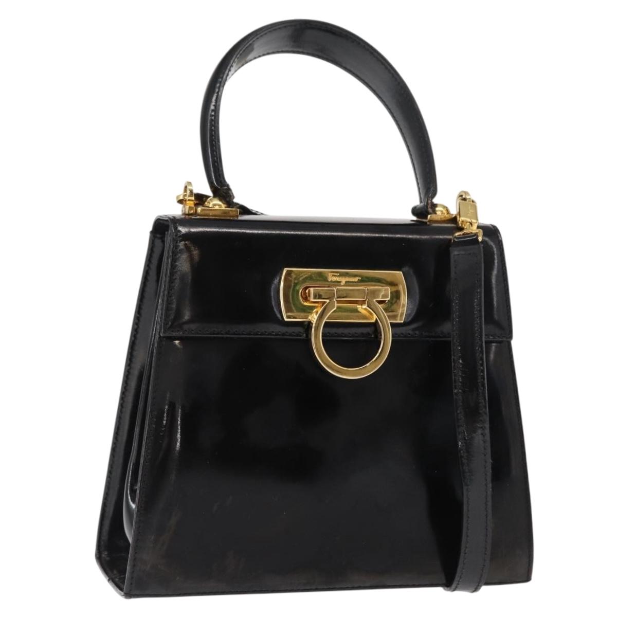 Salvatore Ferragamo Gancini Hand Bag Patent leather 2way Black Gold Auth bs32178