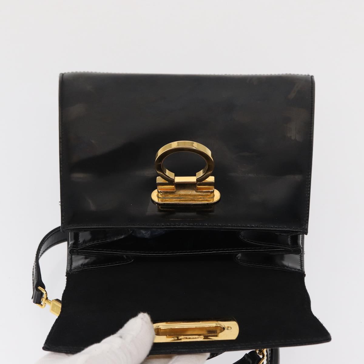 Salvatore Ferragamo Gancini Hand Bag Patent leather 2way Black Gold Auth bs32178