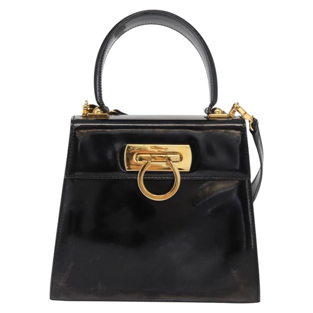 Salvatore Ferragamo Gancini Hand Bag Patent leather 2way Black Gold Auth bs32178