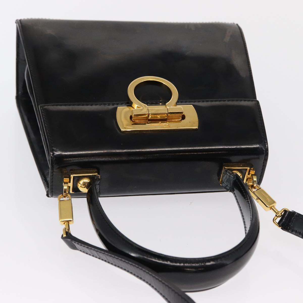 Salvatore Ferragamo Gancini Hand Bag Patent leather 2way Black Gold Auth bs32178