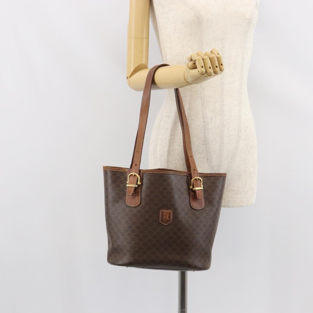 CELINE Macadam Canvas Tote Bag PVC Leather Brown Gold Auth bs32180