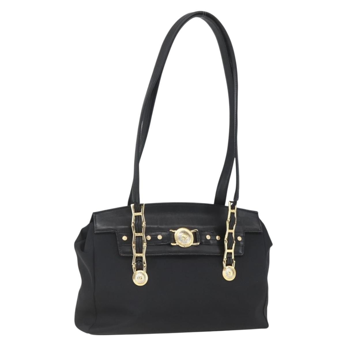 Gianni Versace Tote Bag Nylon Leather Black Gold Auth bs32188