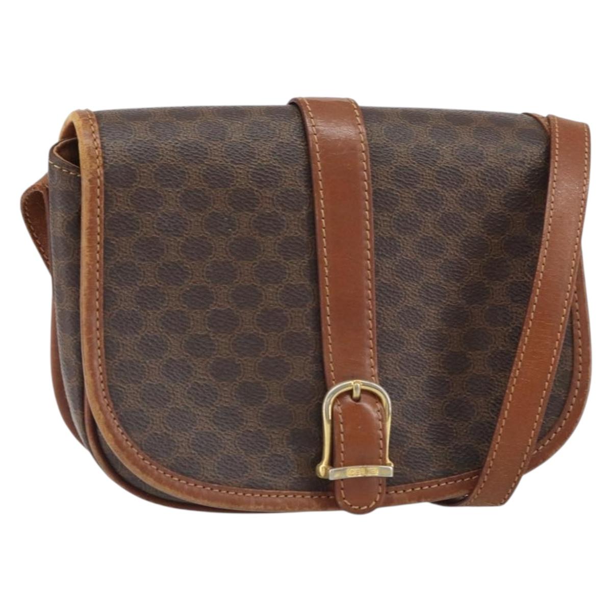 CELINE Macadam Canvas Shoulder Bag PVC Leather Brown Gold Auth bs32191
