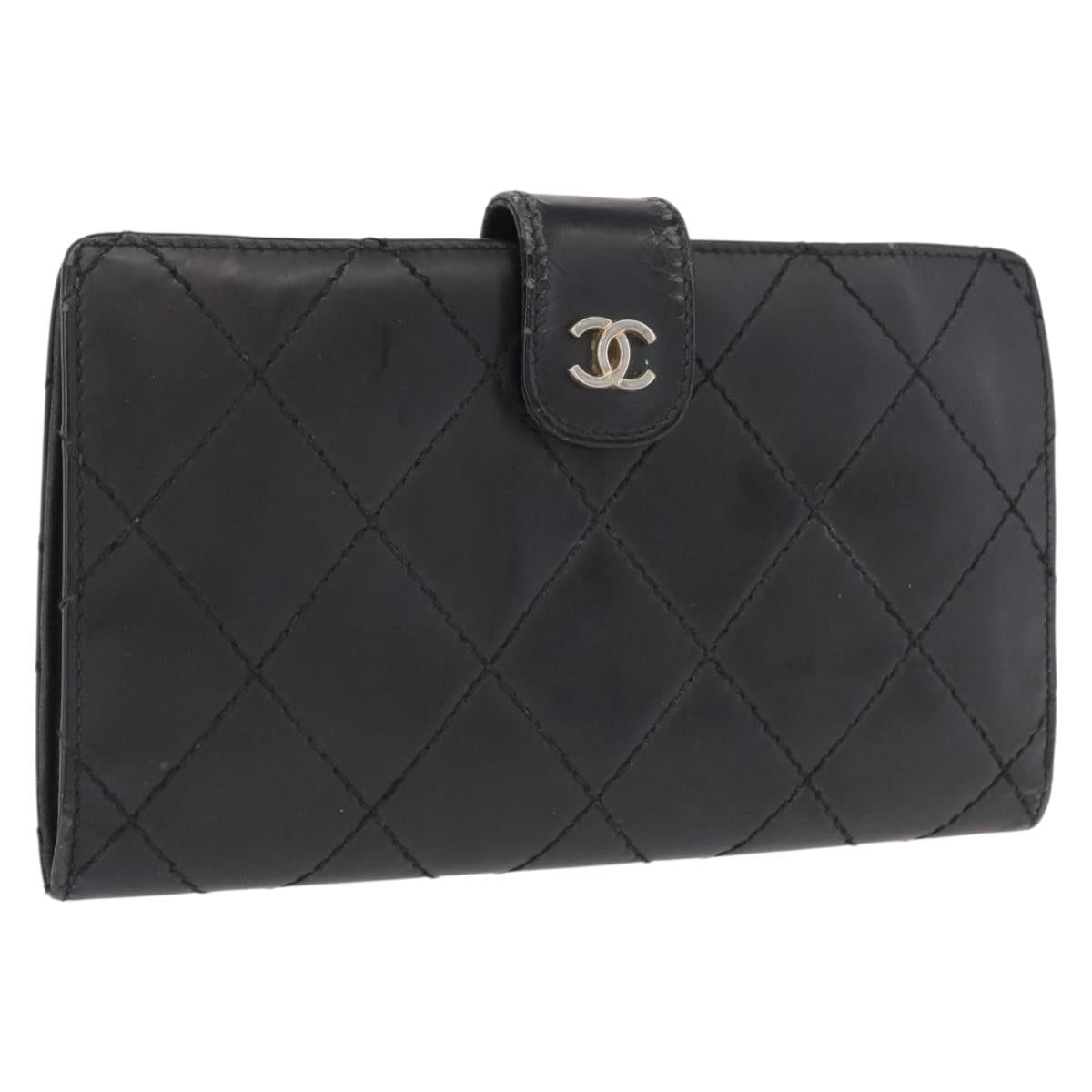 CHANEL Matelasse Long Wallet Leather Black Gold CC Auth bs32198