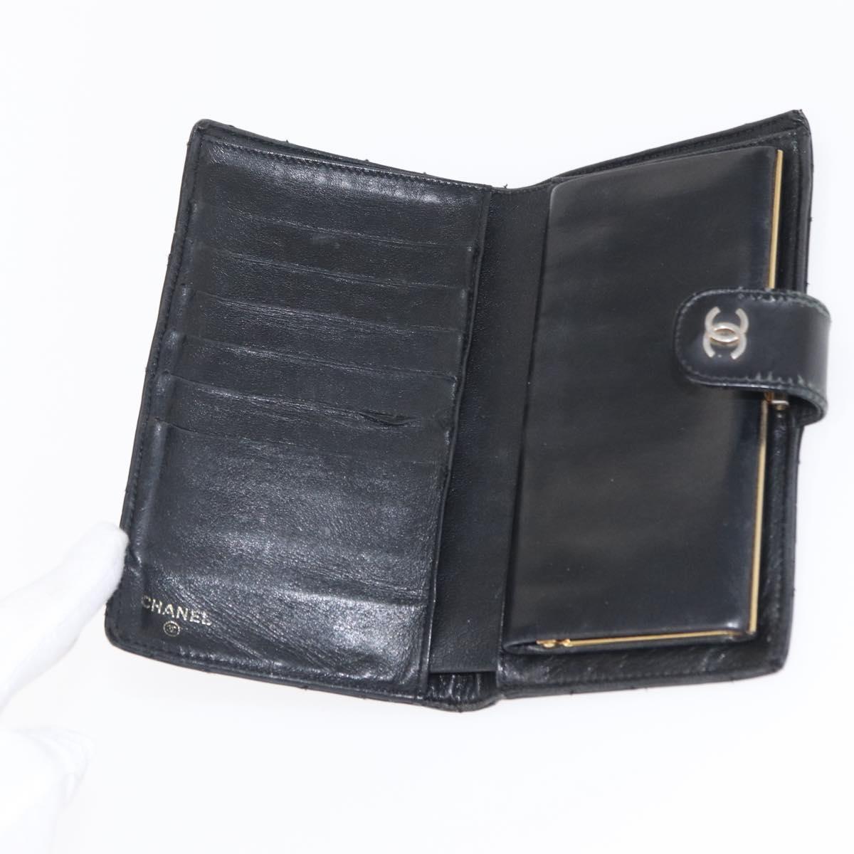 CHANEL Matelasse Long Wallet Leather Black Gold CC Auth bs32198