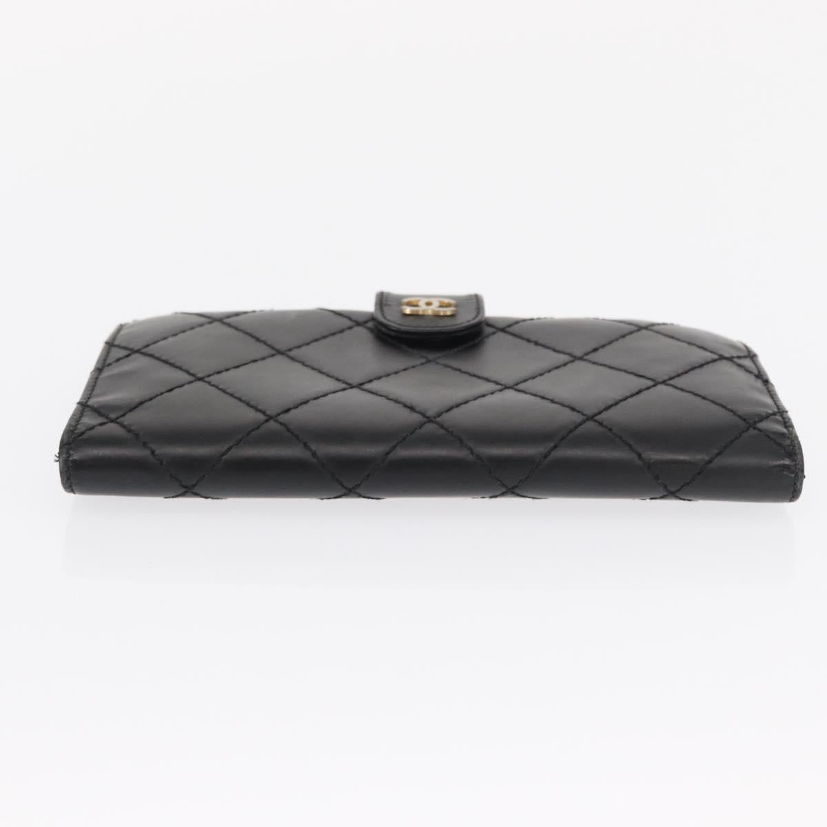 CHANEL Matelasse Long Wallet Leather Black Gold CC Auth bs32198