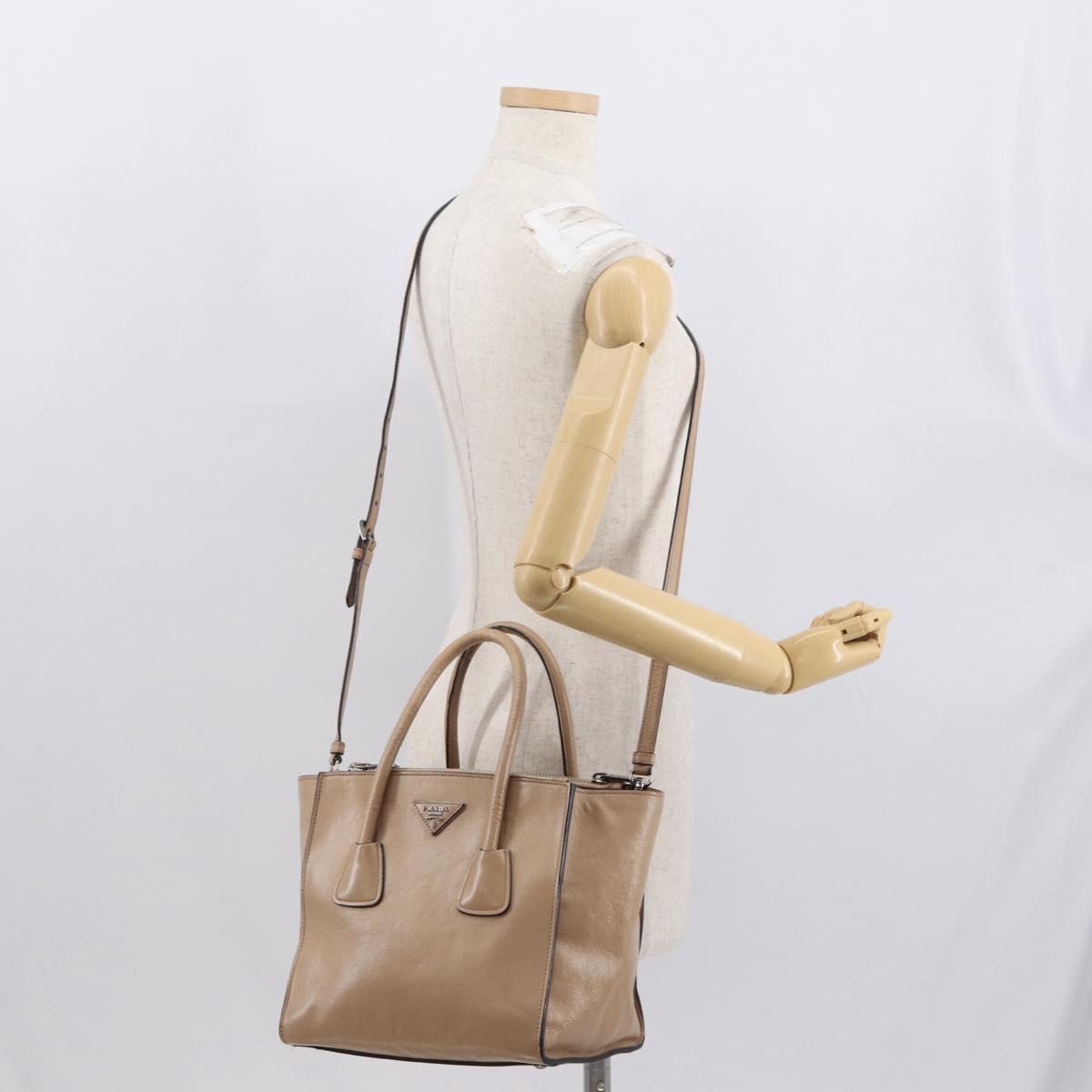 PRADA Tote Bag Leather 2way Beige Silver Auth bs32248