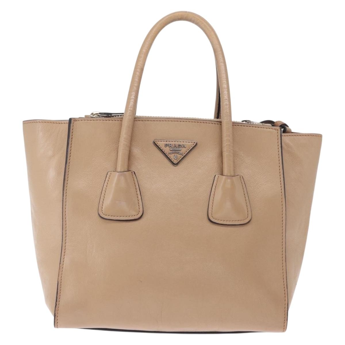 PRADA Tote Bag Leather 2way Beige Silver Auth bs32248