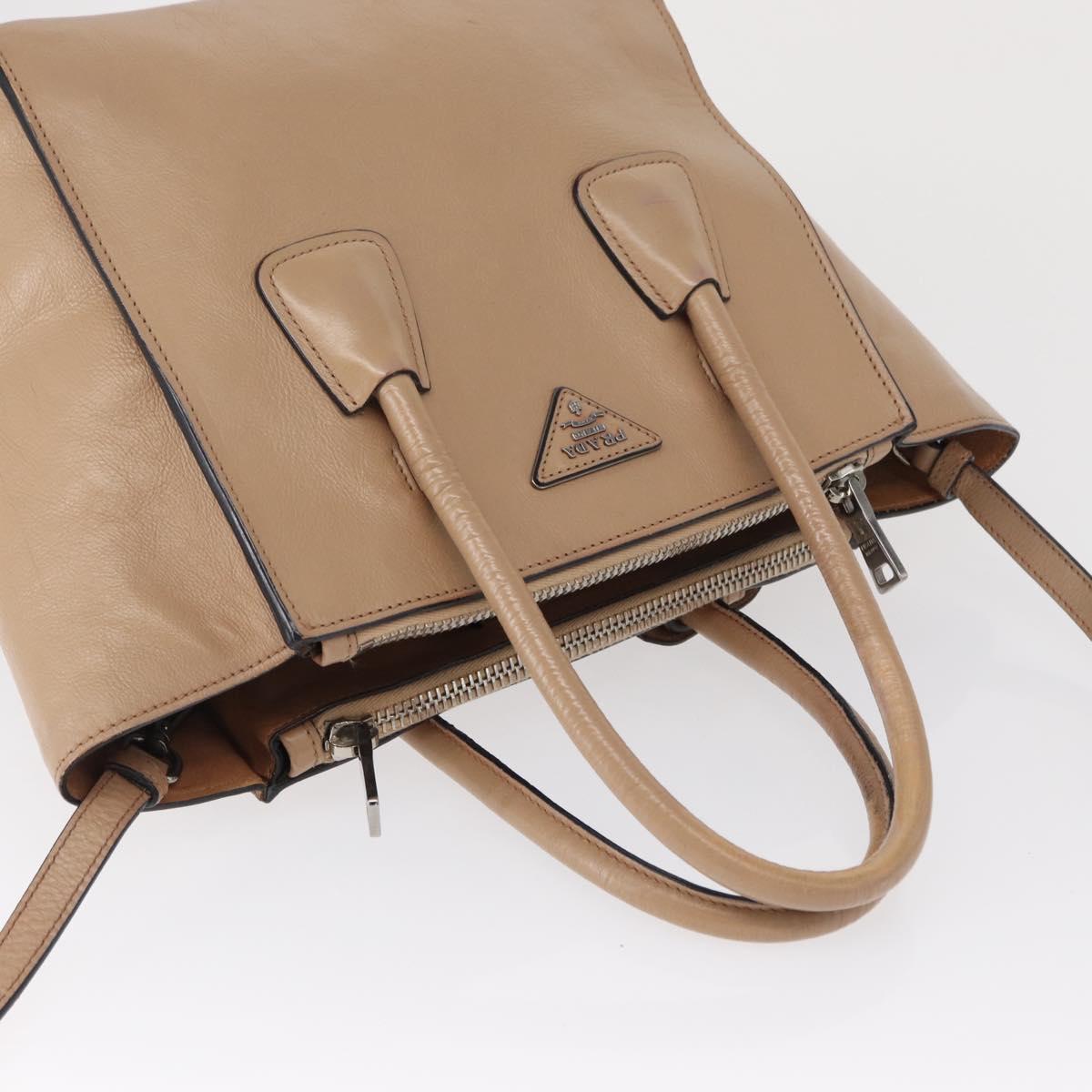 PRADA Tote Bag Leather 2way Beige Silver Auth bs32248