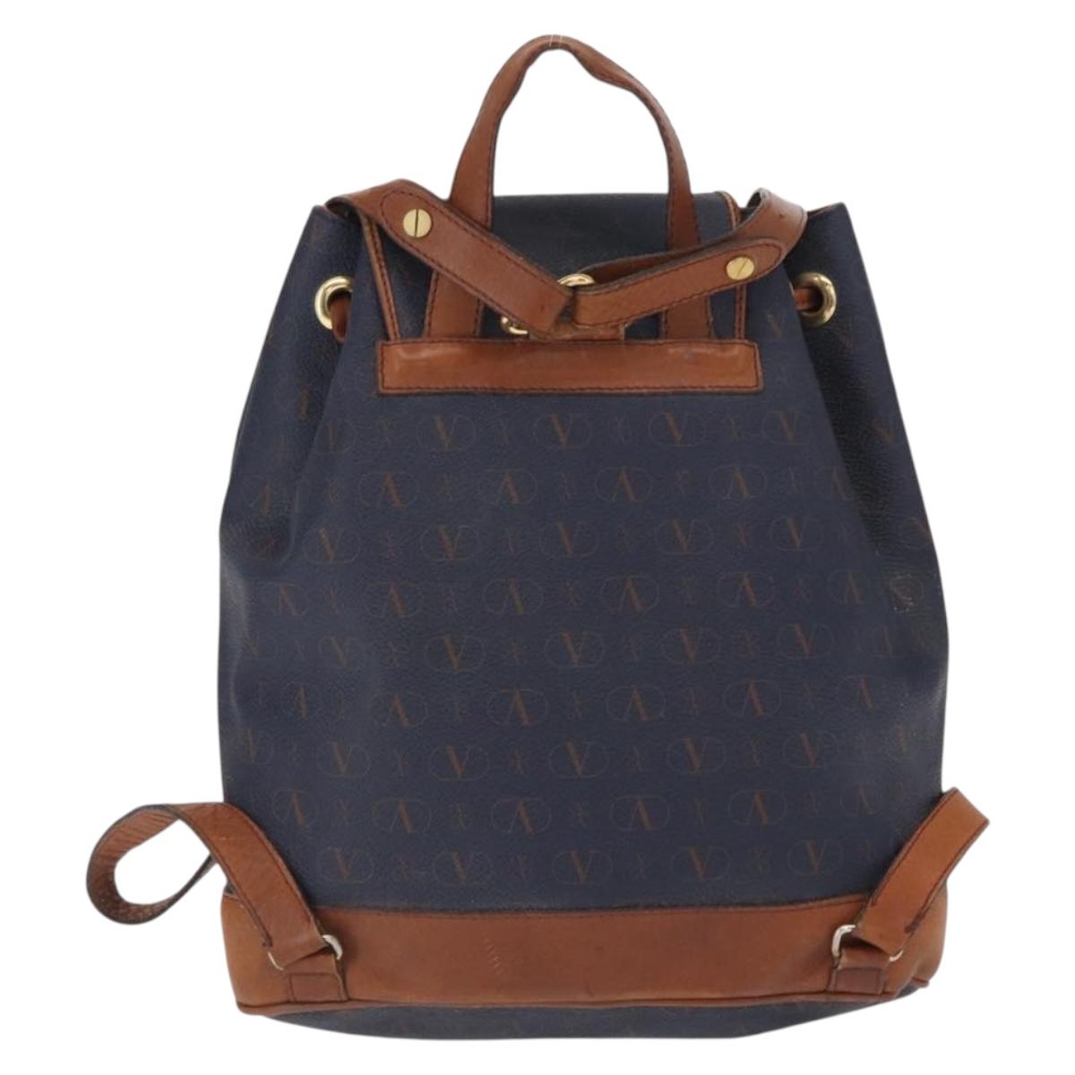 VALENTINO Backpack Leather Navy Gold Auth bs32249