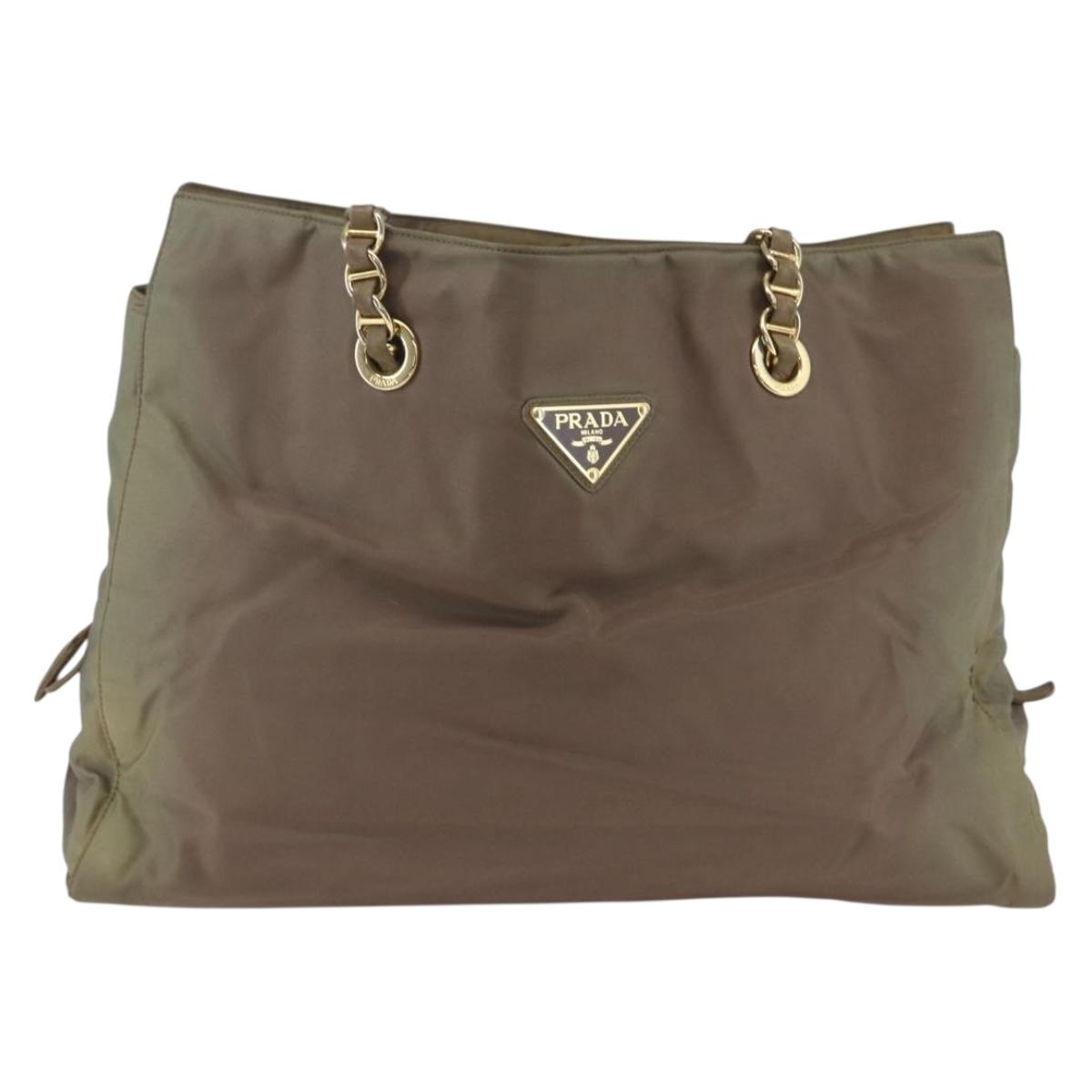 PRADA Chain Shoulder Bag Nylon Khaki Gold Auth bs32294