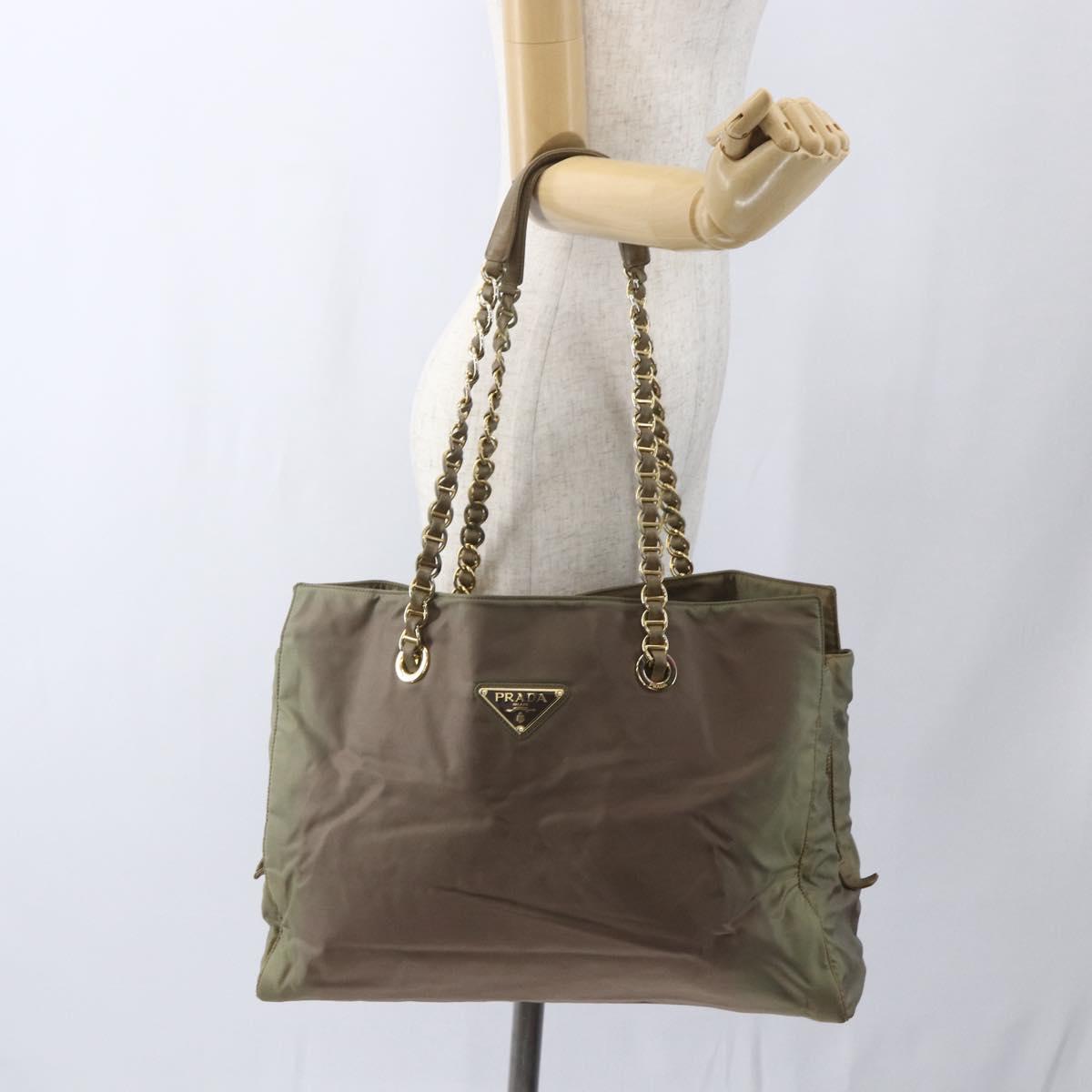 PRADA Chain Shoulder Bag Nylon Khaki Gold Auth bs32294