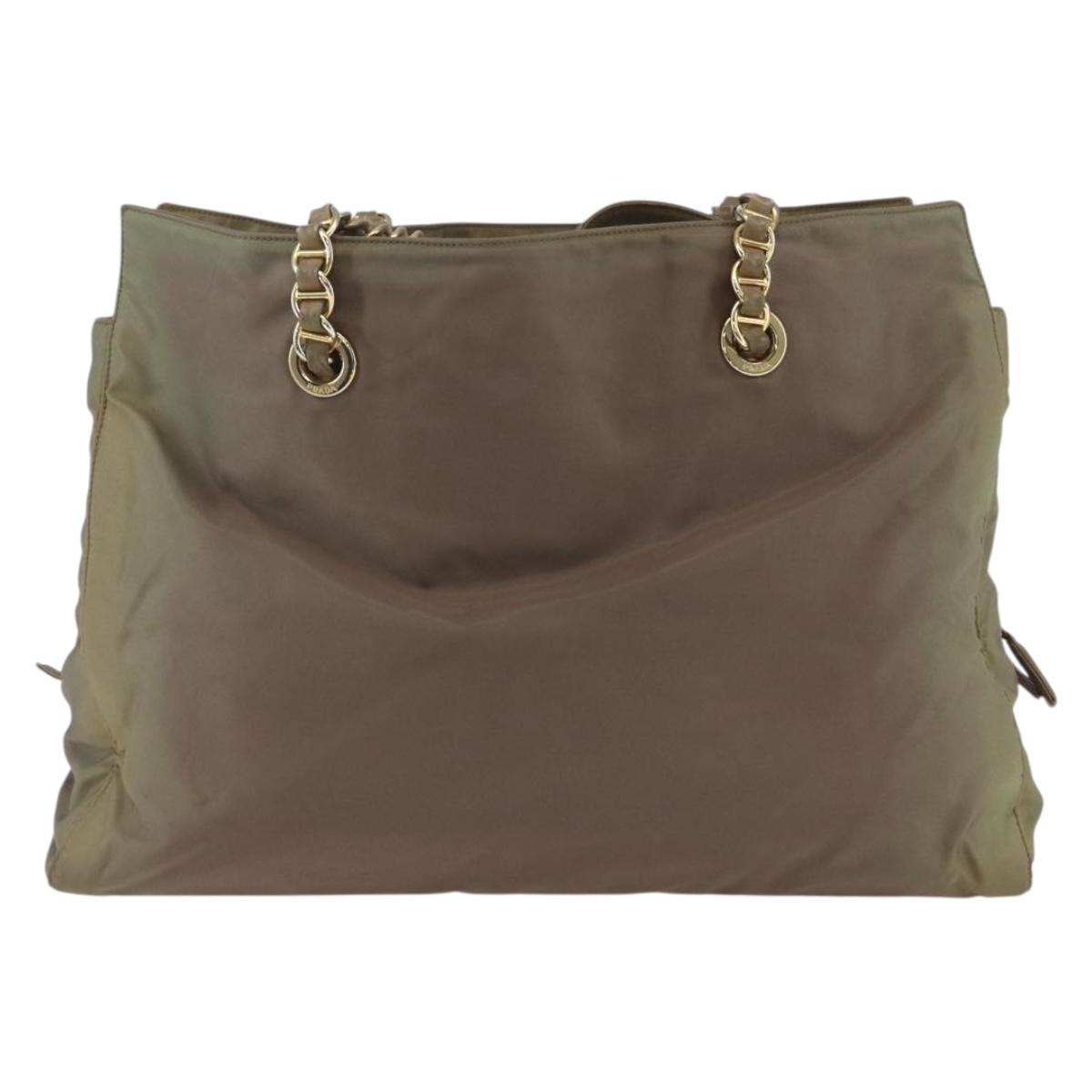 PRADA Chain Shoulder Bag Nylon Khaki Gold Auth bs32294