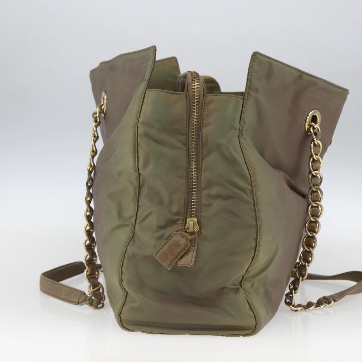 PRADA Chain Shoulder Bag Nylon Khaki Gold Auth bs32294