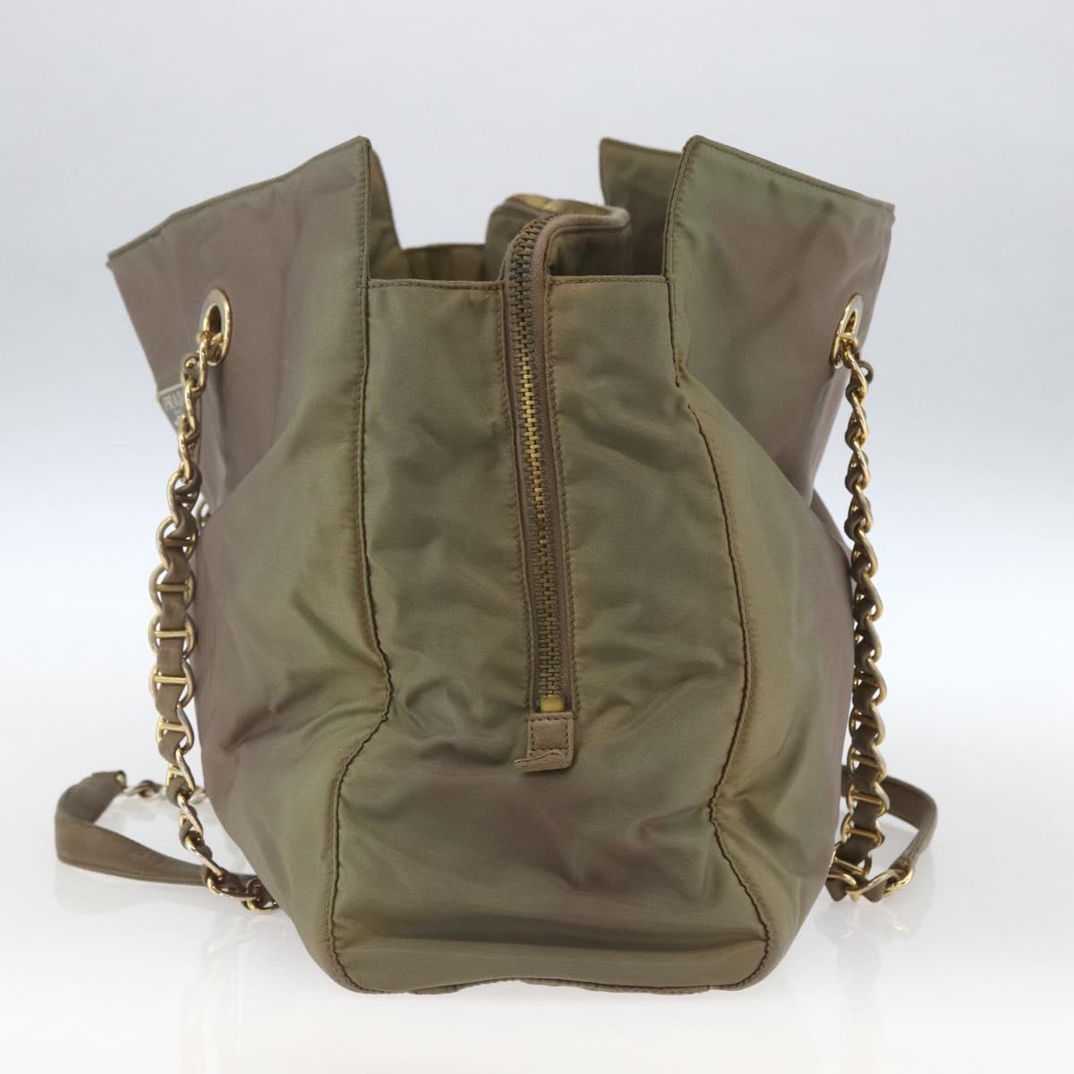 PRADA Chain Shoulder Bag Nylon Khaki Gold Auth bs32294