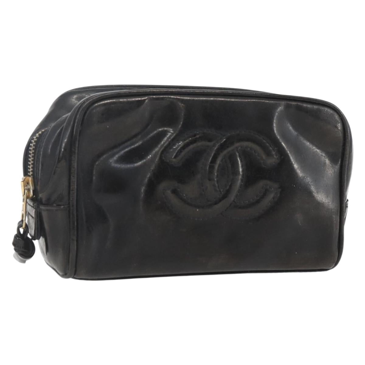 CHANEL Pouch Patent leather Black Gold CC Auth bs32314