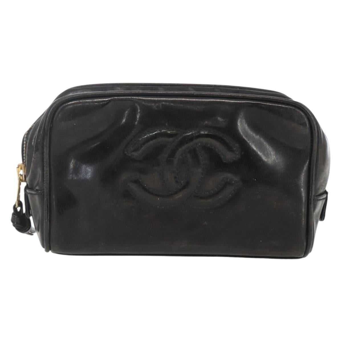 CHANEL Pouch Patent leather Black Gold CC Auth bs32314
