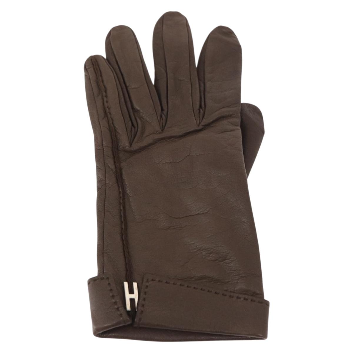 HERMES Joo Do H Gloves Leather Brown Auth bs32329