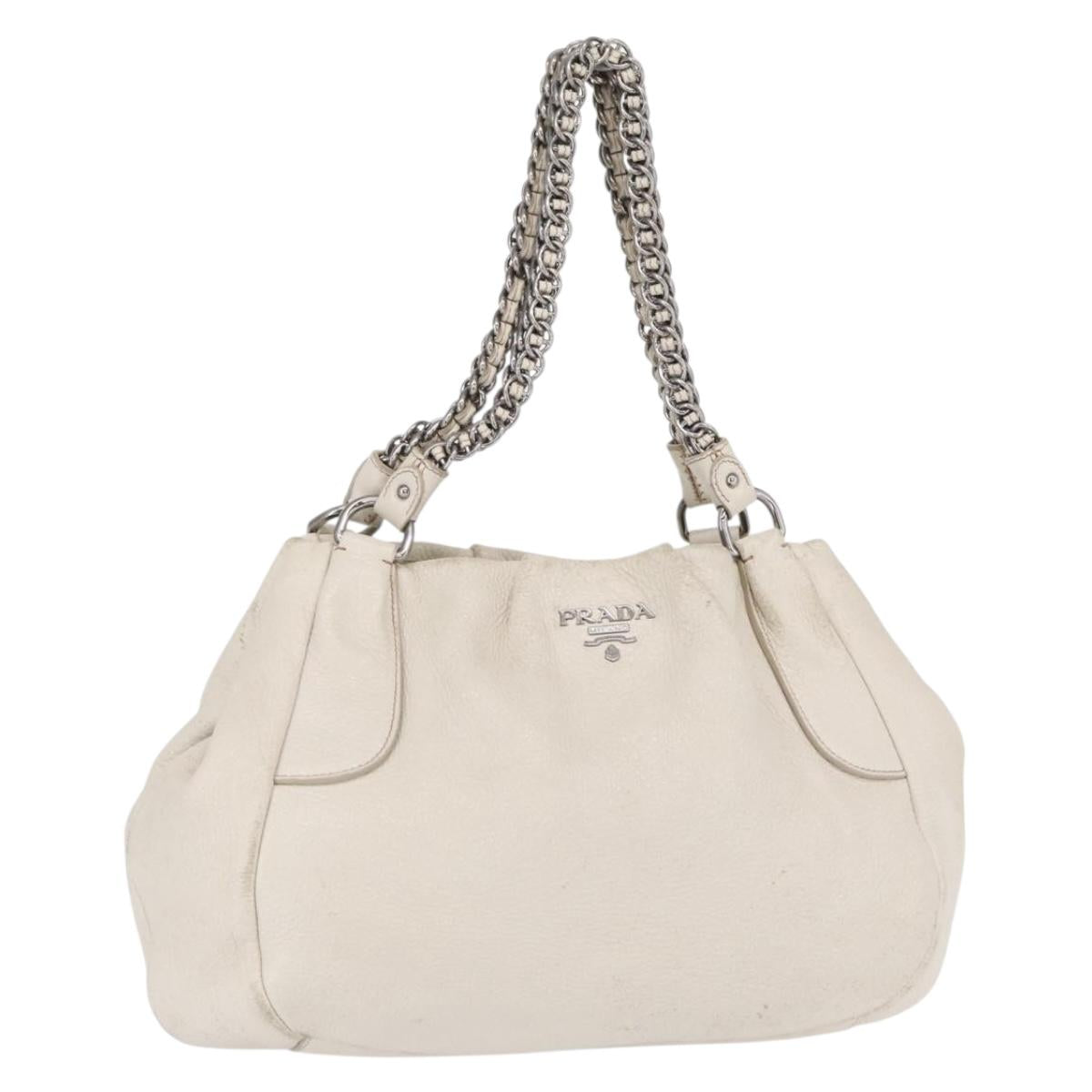 PRADA Chain Tote Bag Leather White Silver Auth bs32336