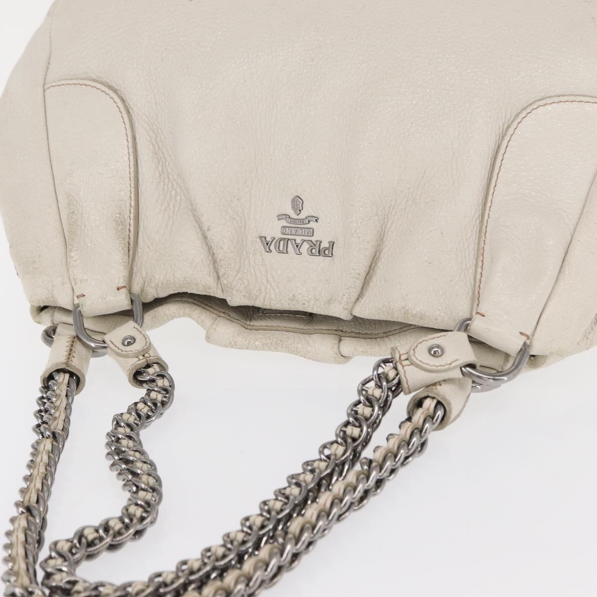 PRADA Chain Tote Bag Leather White Silver Auth bs32336