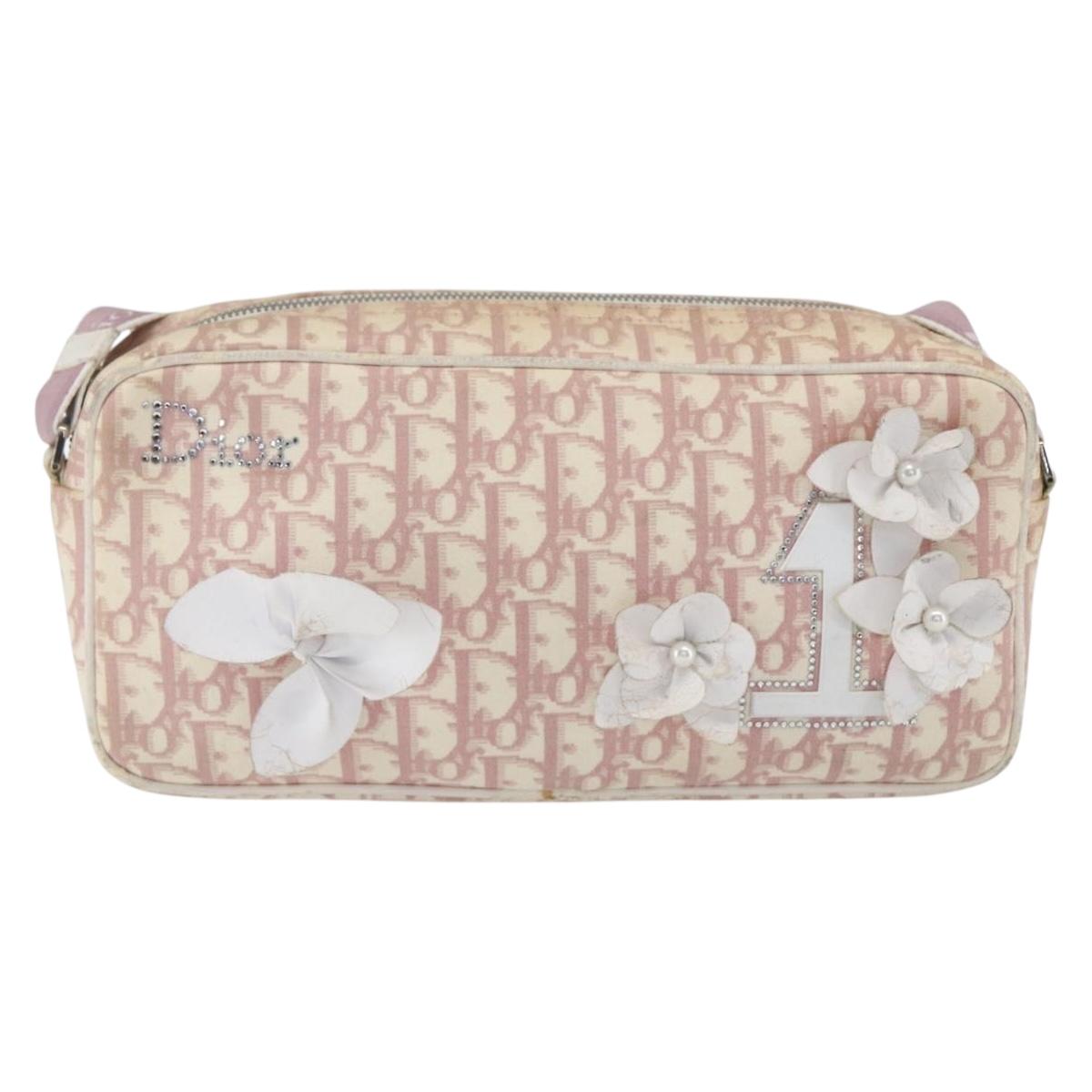 Christian Dior Trotter Canvas Shoulder Bag Pink Silver Auth bs32338