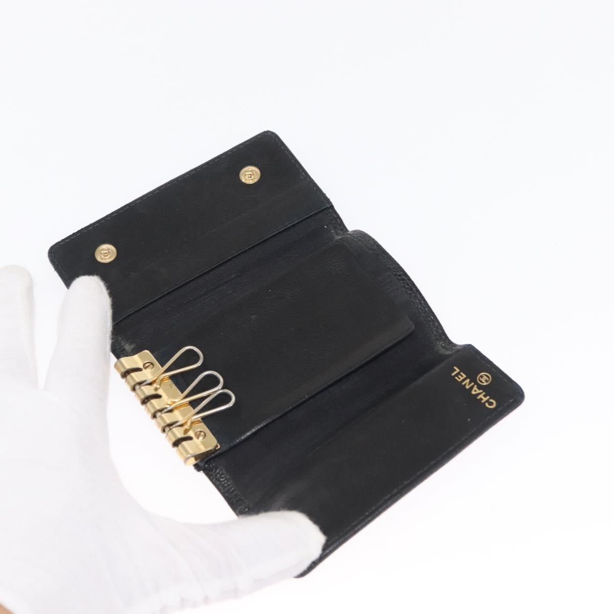 CHANEL Key Case Caviar Skin 4 Set Black CC Auth bs32341