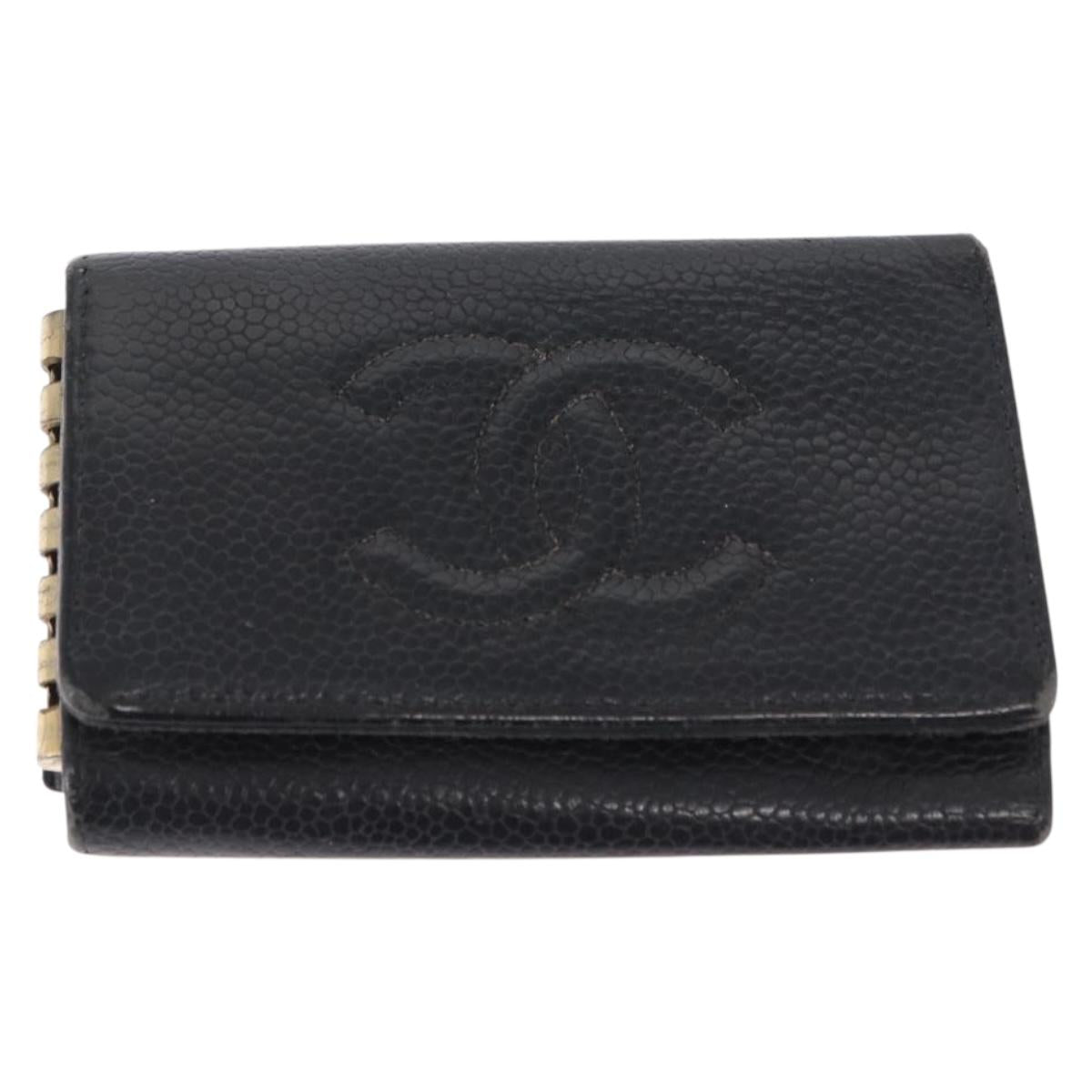 CHANEL Key Case Caviar Skin 4 Set Black CC Auth bs32341