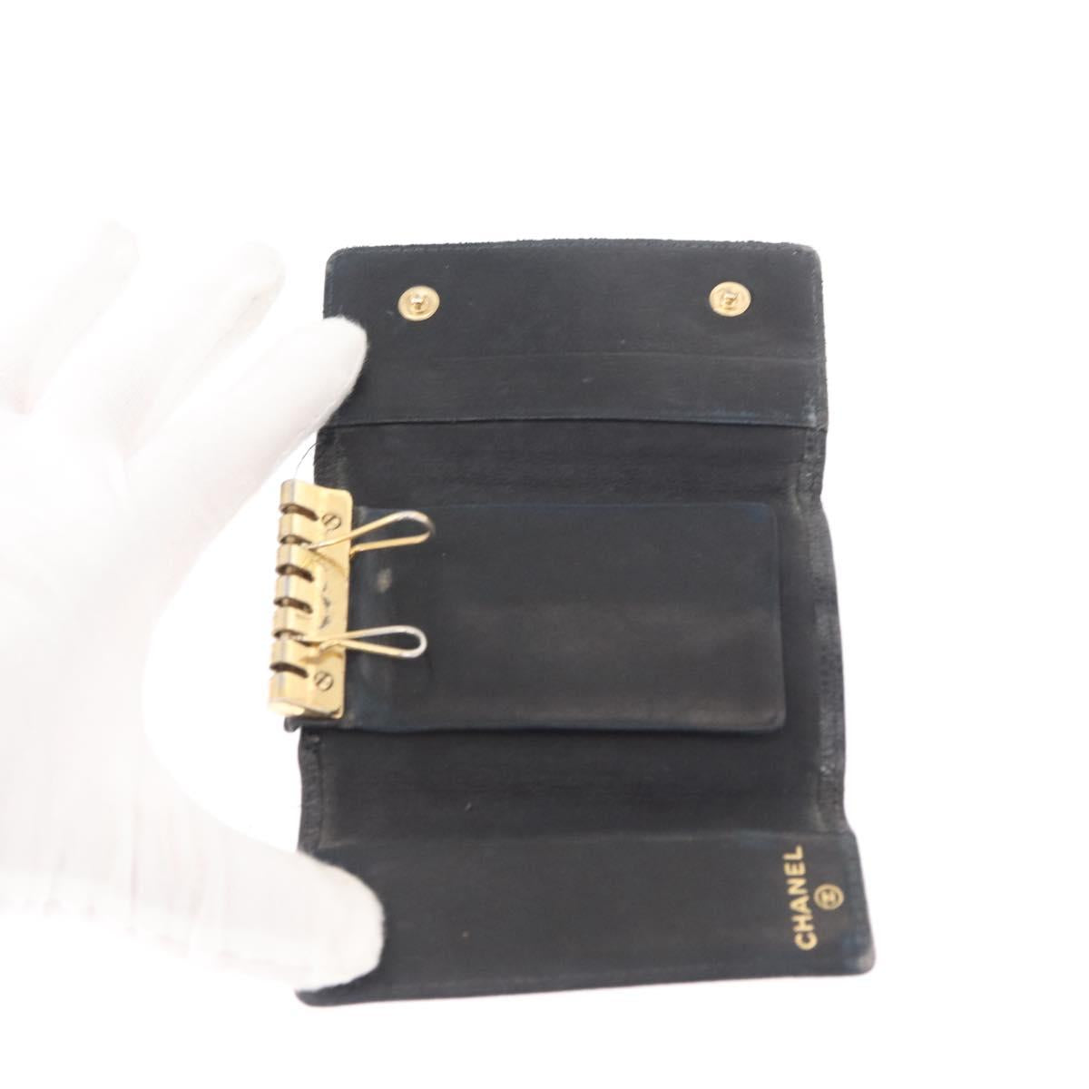 CHANEL Key Case Caviar Skin 4 Set Black CC Auth bs32341