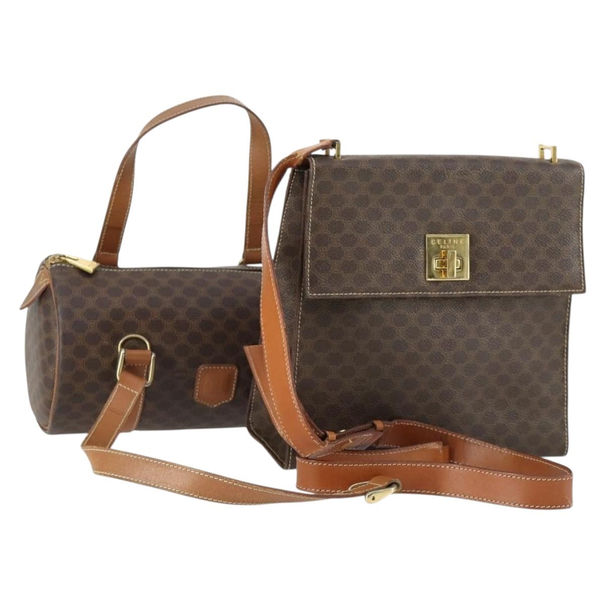 CELINE Macadam Canvas Hand Bag Leather PVC 2 Set Brown Auth bs32353