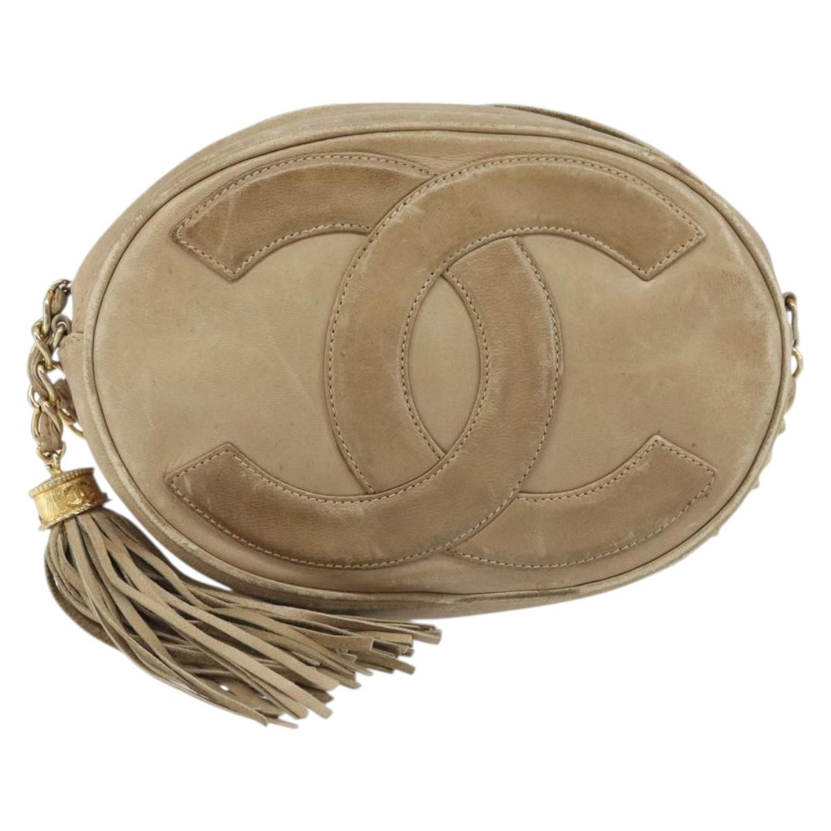 CHANEL Chain Shoulder Bag Lamb Skin Beige Gold CC Auth bs32361