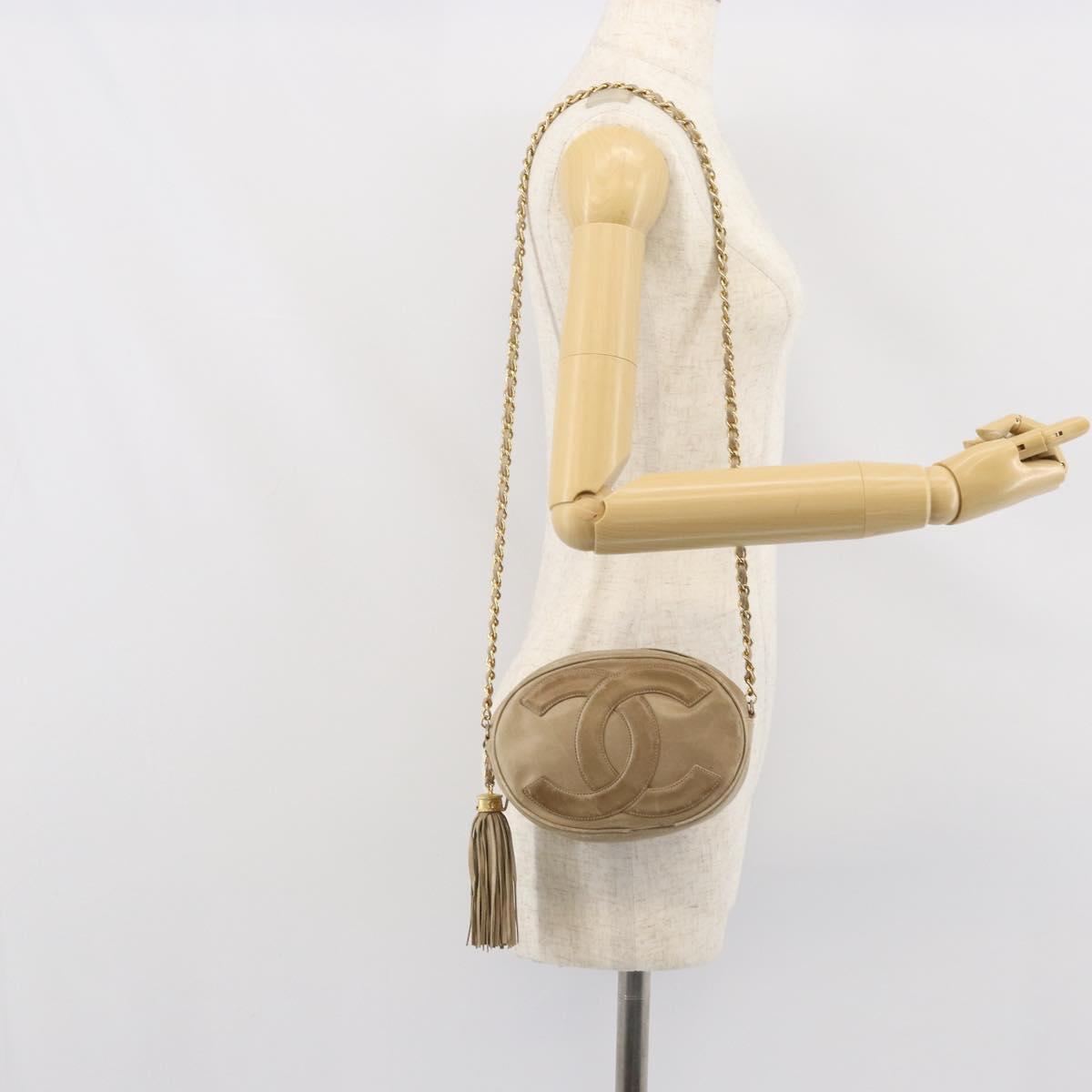 CHANEL Chain Shoulder Bag Lamb Skin Beige Gold CC Auth bs32361