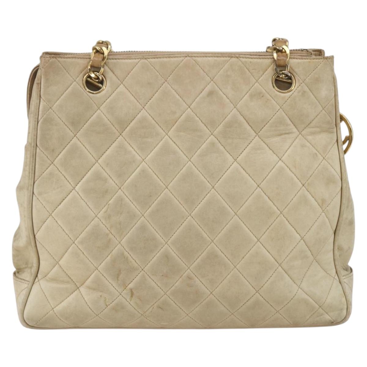 CHANEL Chain Matelasse Tote Bag Lamb Skin Beige Gold CC Auth bs32364