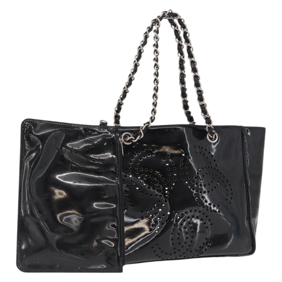 CHANEL Chain Tote Bag Patent leather Black Silver CC Auth bs32366