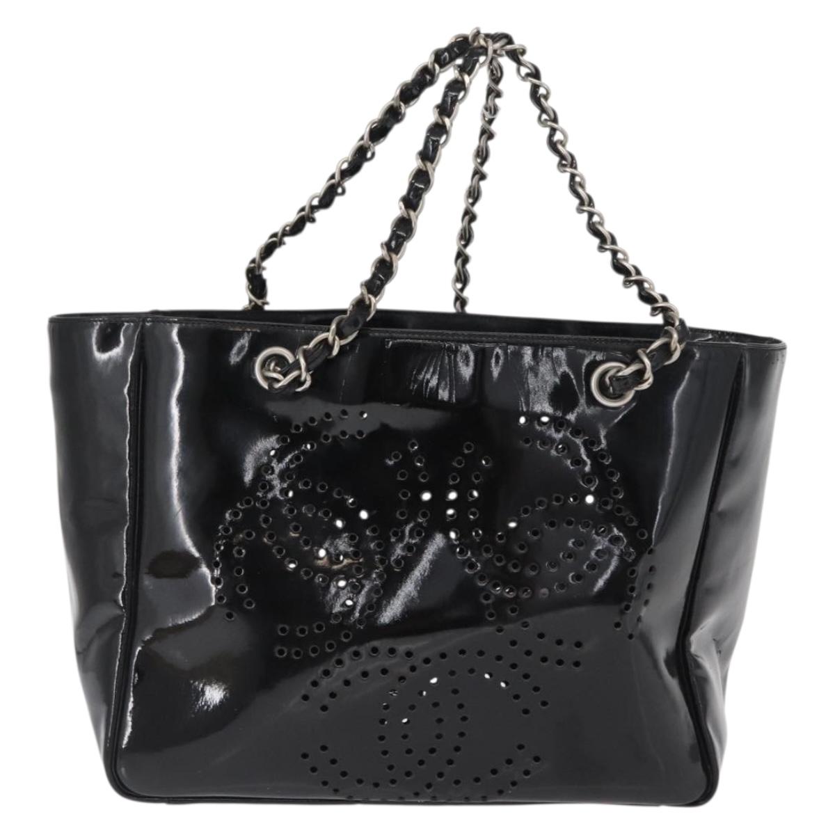 CHANEL Chain Tote Bag Patent leather Black Silver CC Auth bs32366