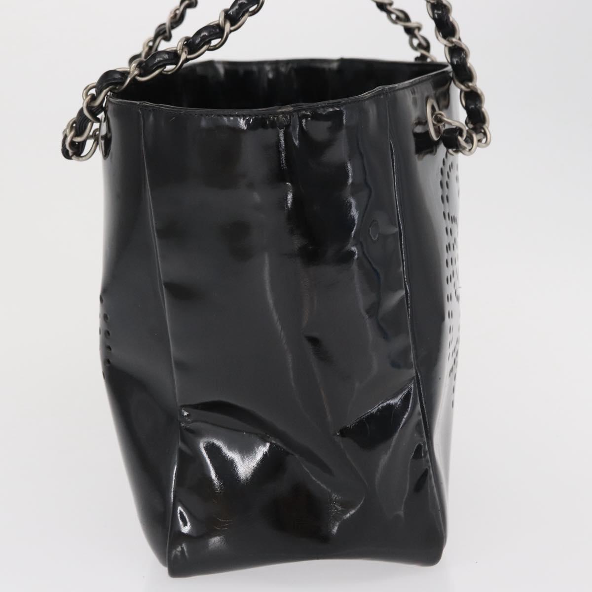 CHANEL Chain Tote Bag Patent leather Black Silver CC Auth bs32366